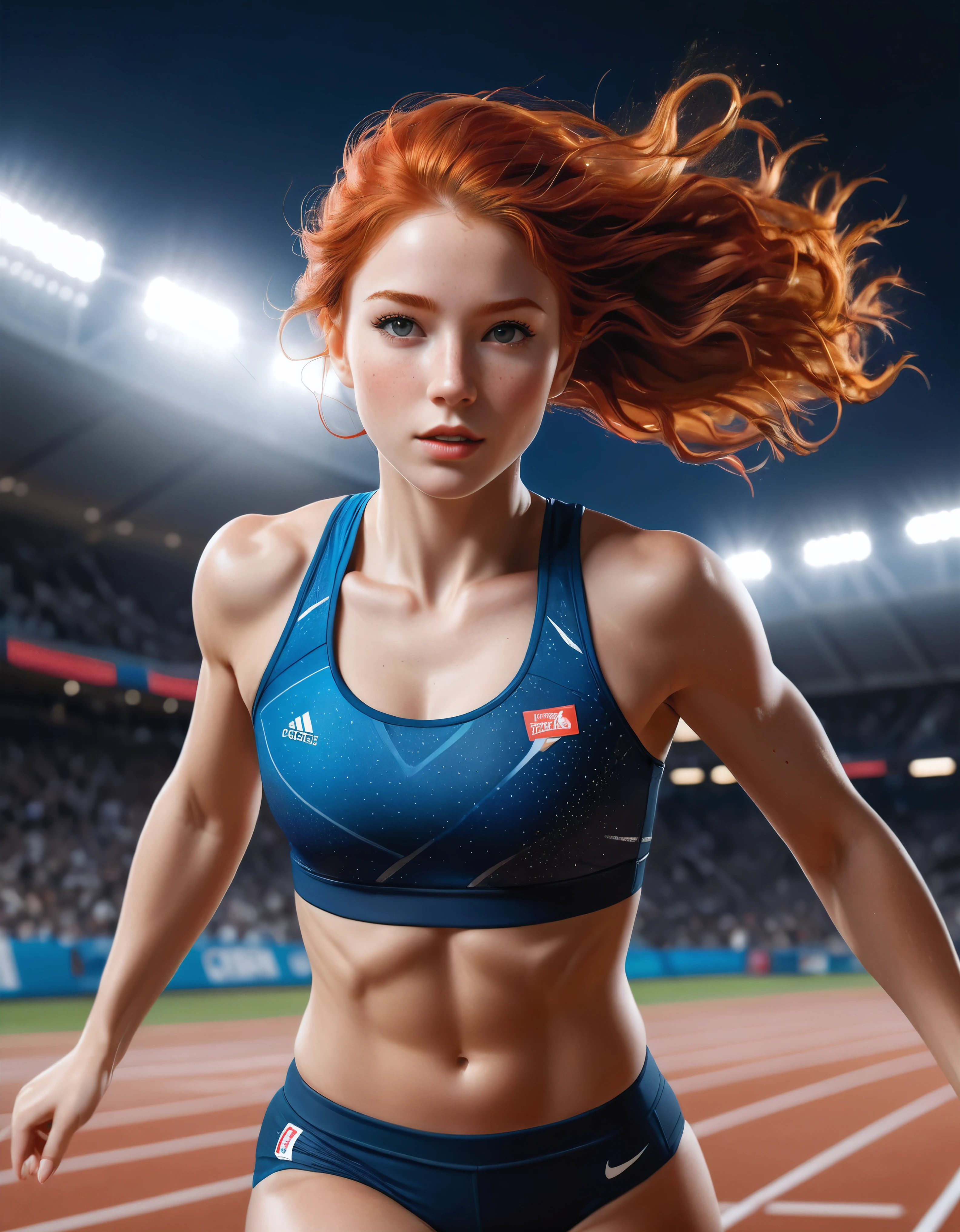 ((Masterpiece in maximum 16K resolution):1.6),((soft_color_photograpy:)1.5), ((Ultra-Detailed):1.4),((Movie-like still images and dynamic angles):1.3), ((motion blur):1.1) | Create an 8K, ultra-high-resolution masterpiece with the best quality, capturing the essence of candid sports photography. | The subject is a red-headed female athlete with short, wavy, bright red hair and freckles. Her skin should have an ultra-realistic texture, with glowing eyes and hair that also exhibits a lifelike texture. Her facial proportions should follow the golden ratio, featuring a perfectly balanced face with glossed pale lips. | She is in the midst of performing a high jump in an athletic stadium, her body captured in a dynamic and graceful arc as she clears the bar. The background shows an empty stadium at night, with soft lighting that highlights her athletic form and the intensity of the moment. Capture her from head to thigh, showcasing her as a powerful and elegant athlete with an artistic body. The overall composition should emphasize her strength, agility, and the beauty of her movement in the dramatically lit sports setting. | (((anatomical correctness))), (((perfect_fingers))), (((perfect_legs))), (((perfect_hands))), ((perfect_composition, perfect_design, perfect_layout, perfect_detail, ultra_detailed)), ((enhance_all, fix_everything)), More Detail, Enhance.