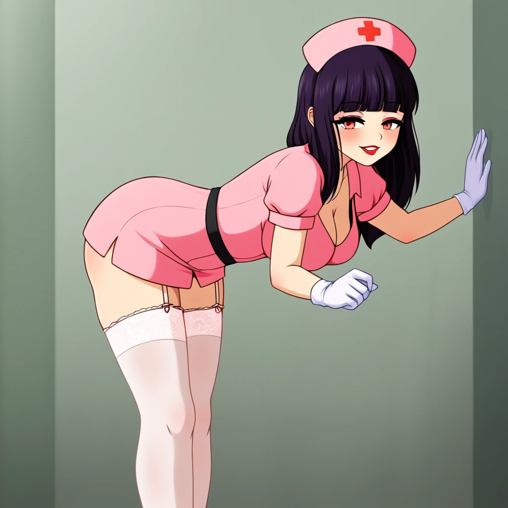 In a dimly lit hospital room, a sultry young female nurse stands out against the somber backdrop. Dressed in lacy lingerie, thigh-high stockings, and a nurse's cap, she exudes seductive mystery. Soft, warm glow illuminates her low-cut pink top showcasing ample cleavage, while white gloves add sophistication. Her gaze invites the viewer to step into her world. Ornate medical equipment and eerie shadows hint at gothic horror elements in the background. The nurse's cap and white gloves nod to darker undertones, balancing provocative themes with elegance.