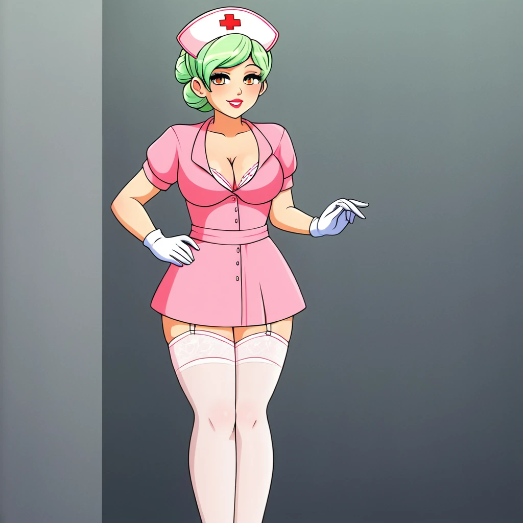 In a dimly lit hospital room, a sultry young female nurse stands out against the somber backdrop. Dressed in lacy lingerie, thigh-high stockings, and a nurse's cap, she exudes seductive mystery. Soft, warm glow illuminates her low-cut pink top showcasing ample cleavage, while white gloves add sophistication. Her gaze invites the viewer to step into her world. Ornate medical equipment and eerie shadows hint at gothic horror elements in the background. The nurse's cap and white gloves nod to darker undertones, balancing provocative themes with elegance.