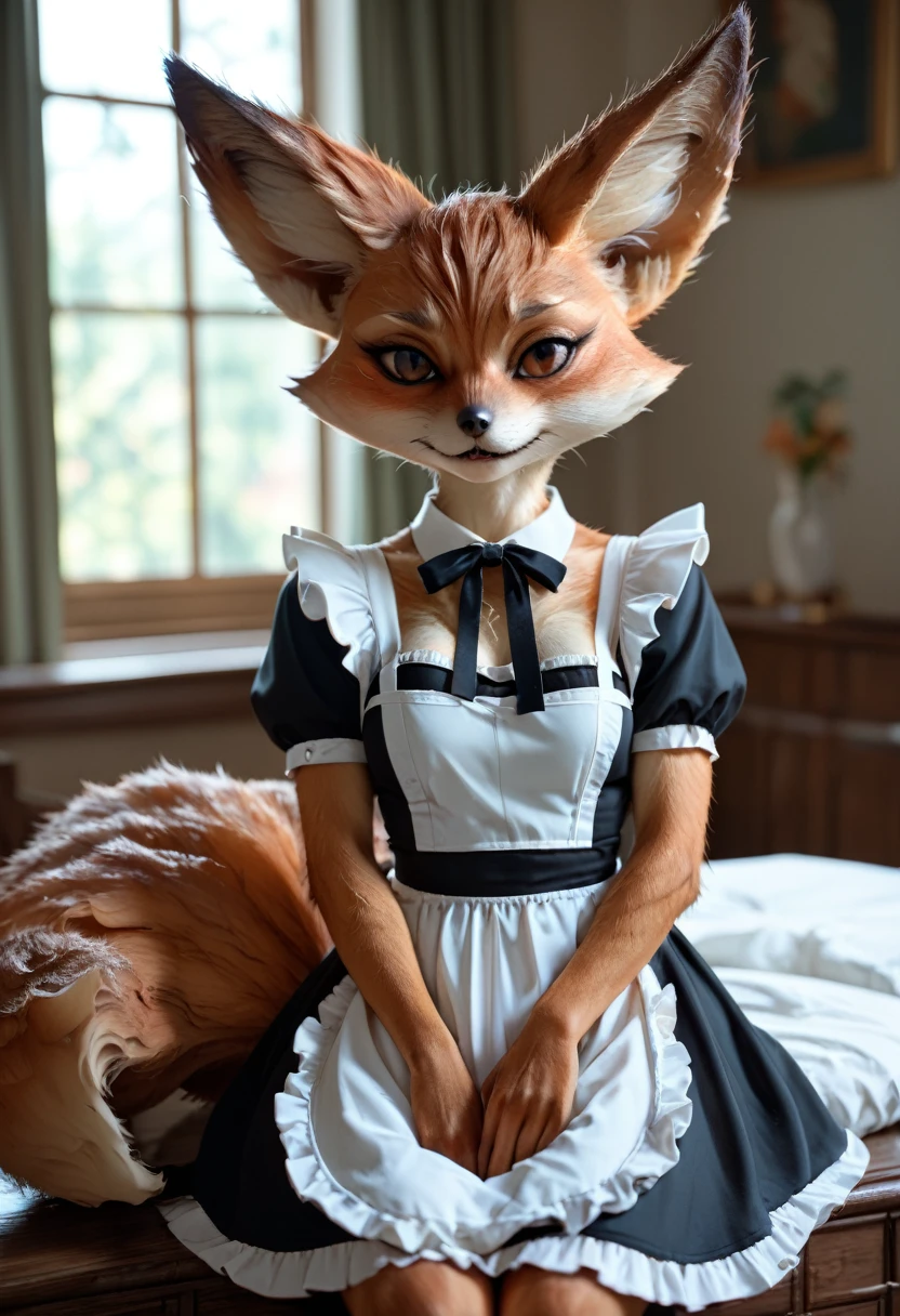 Score_9, Score_8_up, Score_7_up, Score_6_up, Score_5_up, Score_4_up, source_anime, female furry, furry, anime style, vulpera, cumdrip, after sex, maid, indoor