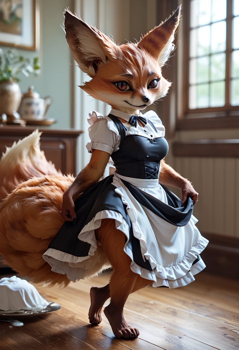 Score_9, Score_8_up, Score_7_up, Score_6_up, Score_5_up, Score_4_up, source_anime, female furry, furry, anime style, vulpera, cumdrip, after sex, maid, indoor
