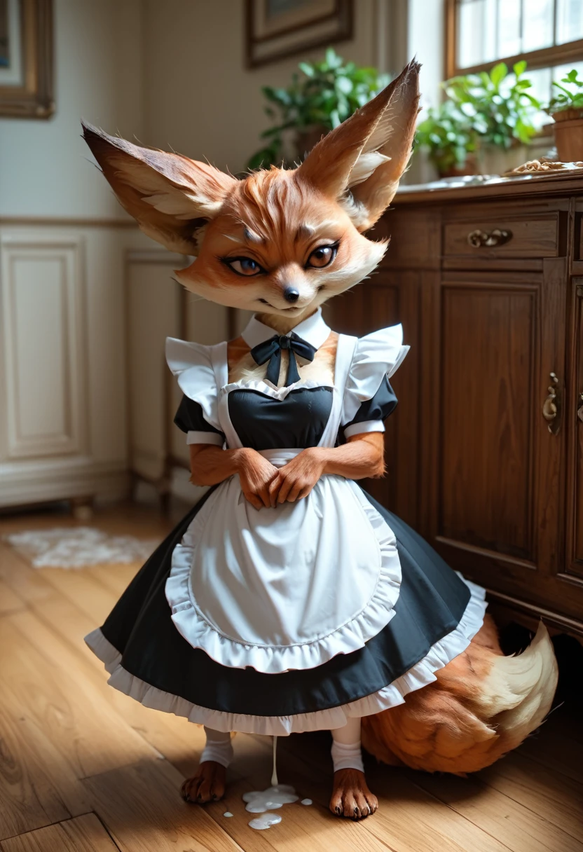 Score_9, Score_8_up, Score_7_up, Score_6_up, Score_5_up, Score_4_up, source_anime, female furry, furry, anime style, vulpera, cumdrip, after sex, maid, indoor