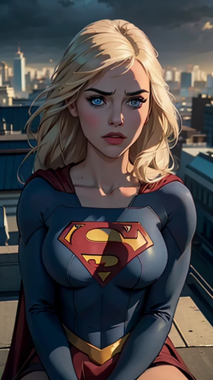 a supergirl sitting on a rooftop building, lost in deep thought, looking at the city, beautiful detailed eyes, beautiful blue eyes, beautiful detailed lips, extremely detailed face, long eyelashes, beautiful detailed costume, blonde hair, big breasts, dynamic pose, cinematic lighting, epic cityscape, moody atmosphere, dramatic shadows, vibrant colors, photorealistic, 8k, best quality, hyper detailed, masterpiece
