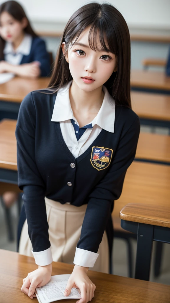 Tabletop, Highest quality, figure, Super detailed, In detail, High resolution, 8k wallpaper, Perfect dynamic composition, Beautiful attention to detail, Natural Lip,Wear a uniform、Blurry school background