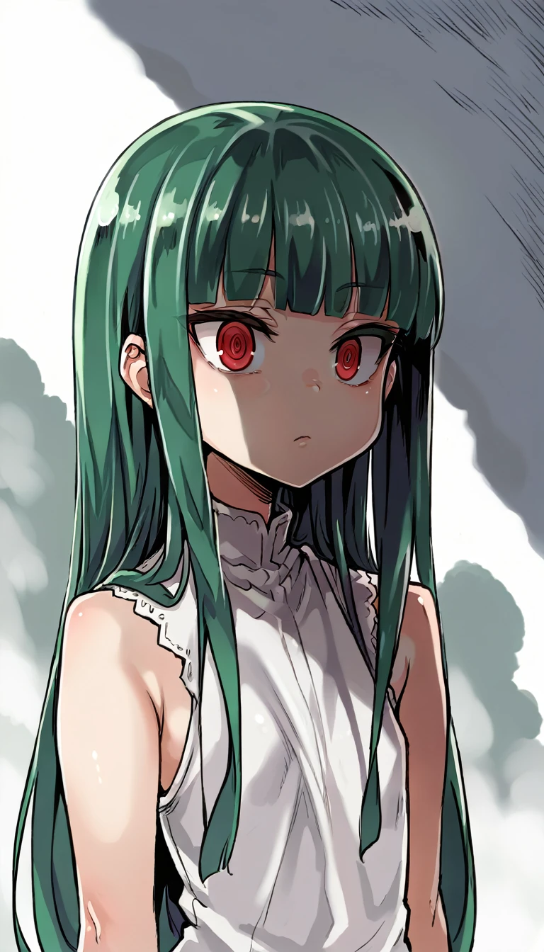 score_9, score_8_up, source_アニメ,アニメ style,empty eye,Green Hair,Red eyes,blunt bangs,long hair,Very young,cool eye,((1girl)),shiny skin,