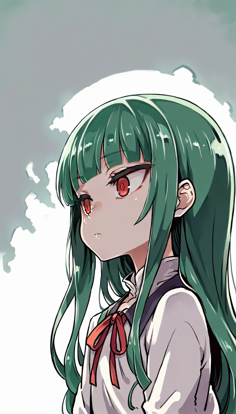 score_9, score_8_up, source_アニメ,アニメ style,empty eye,Green Hair,Red eyes,blunt bangs,long hair,Very young,cool eye,((1girl)),shiny skin,