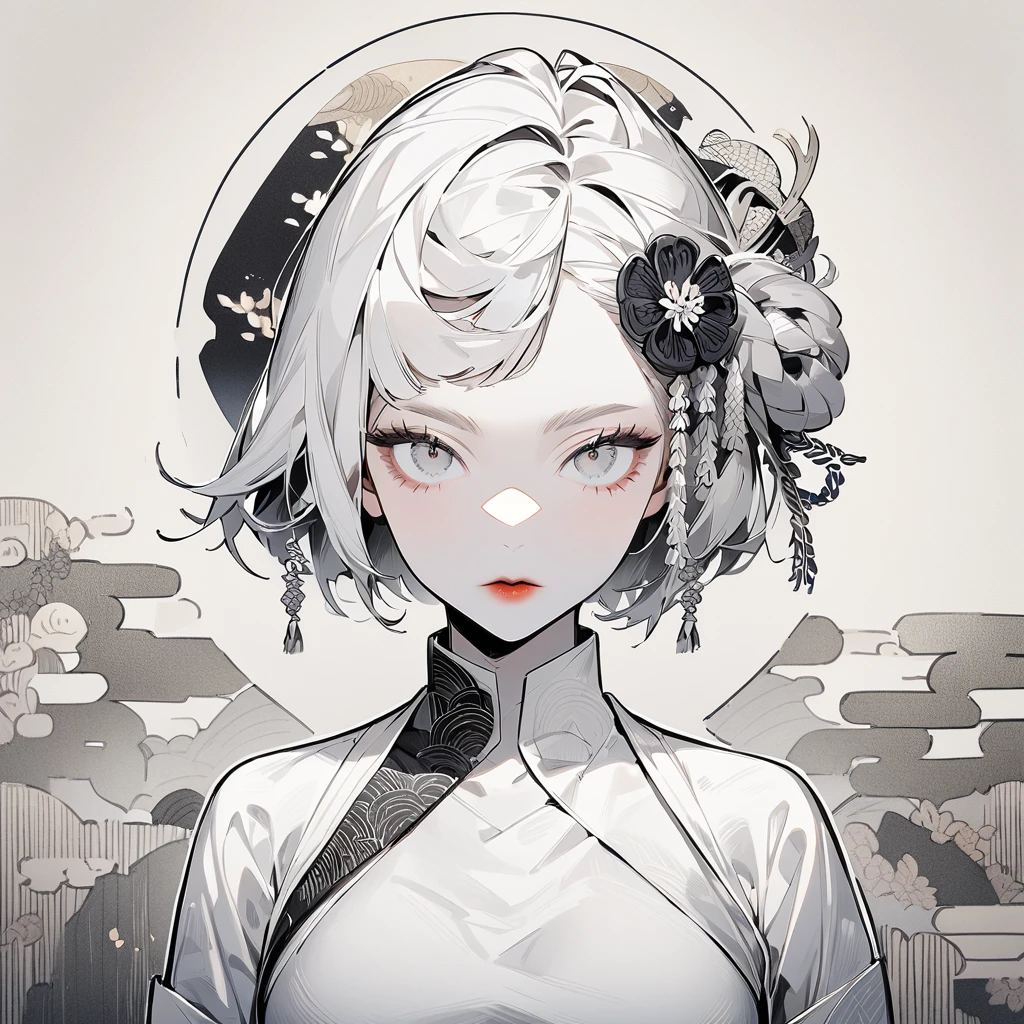 girl, Japanese pattern,cool, looking at viewer, white tone, hair ornament, Japanese paper background, front view,eyelashes, silver, multiple, large breasts, illustration,tight skin,Inorganic