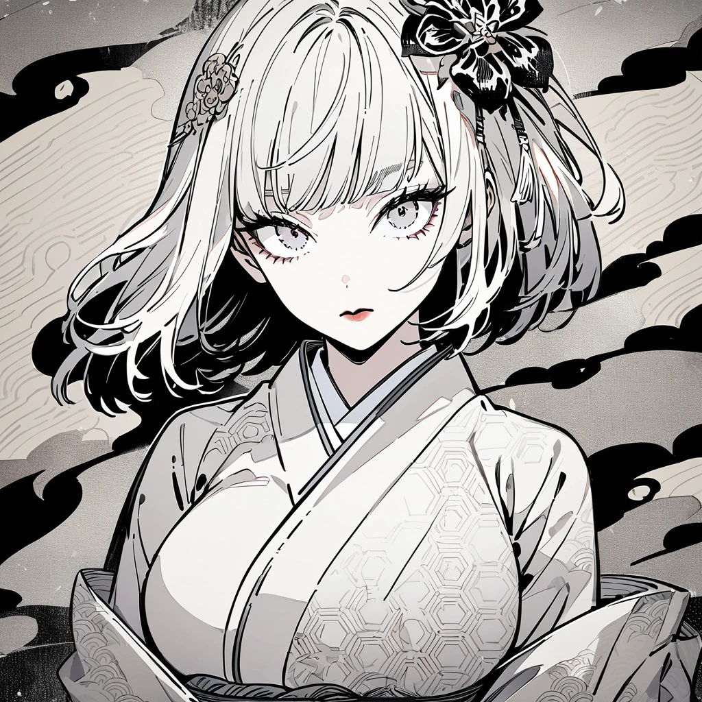girl, Japanese pattern,cool, looking at viewer, white tone, hair ornament, Japanese paper background, front view,eyelashes, silver, multiple, large breasts, illustration,tight skin,Inorganic