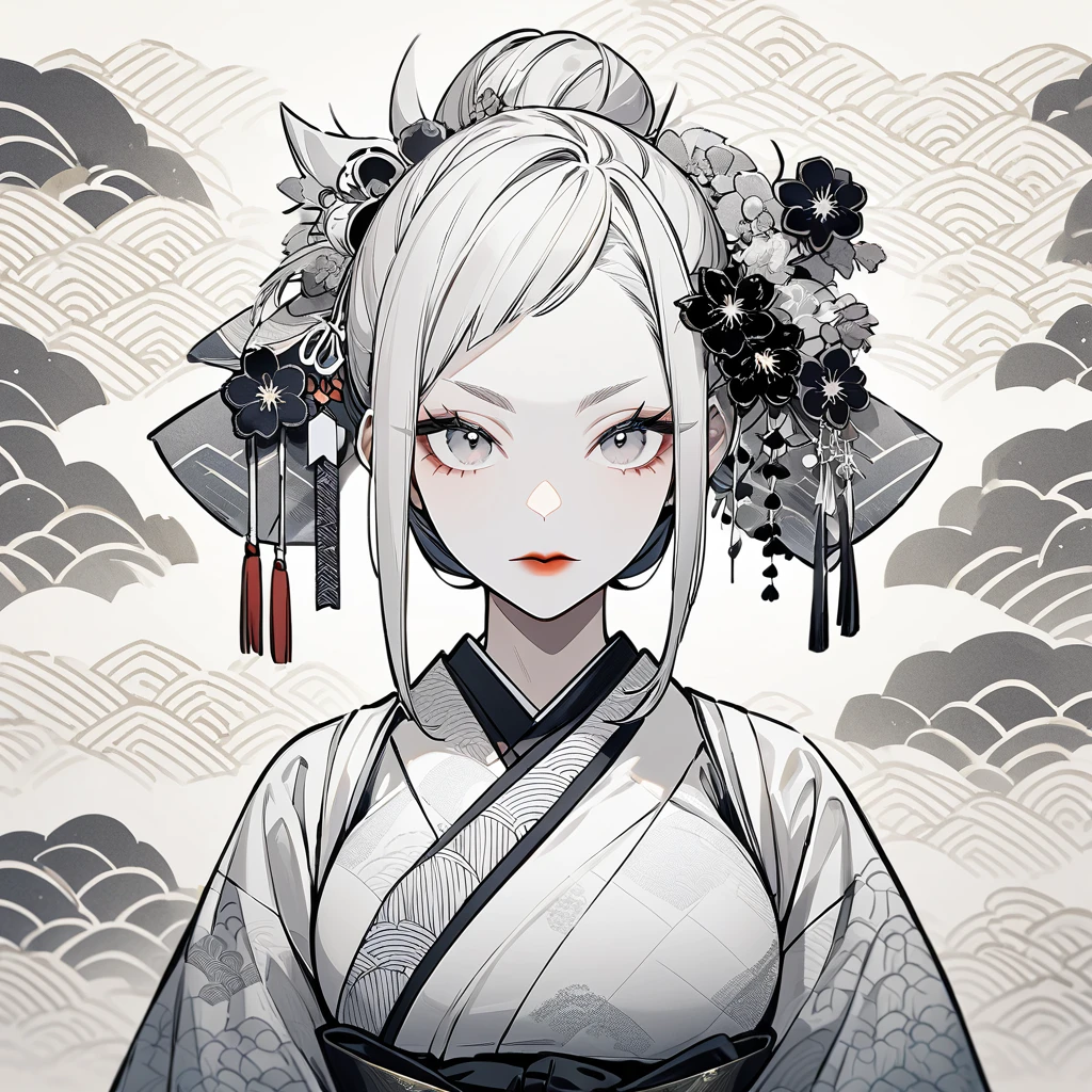 girl, Japanese pattern,cool, looking at viewer, white tone, hair ornament, Japanese paper background, front view,eyelashes, silver, multiple, large breasts, illustration,tight skin,Inorganic