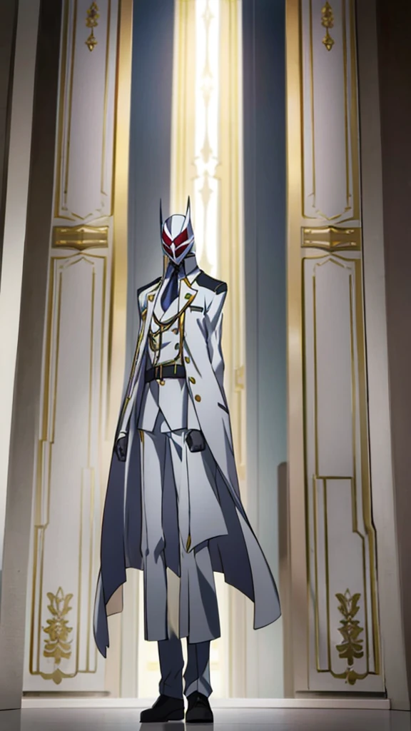 Male, ager, military officer, wearing white and grey clothes, a coat, and a mask, athletic build, hands in pockets, standing at attention, daytime royal hall setting, lone figure, facing viewer, fully in frame, full body shot, Code Geass style, codeGeass, CODEGEASS