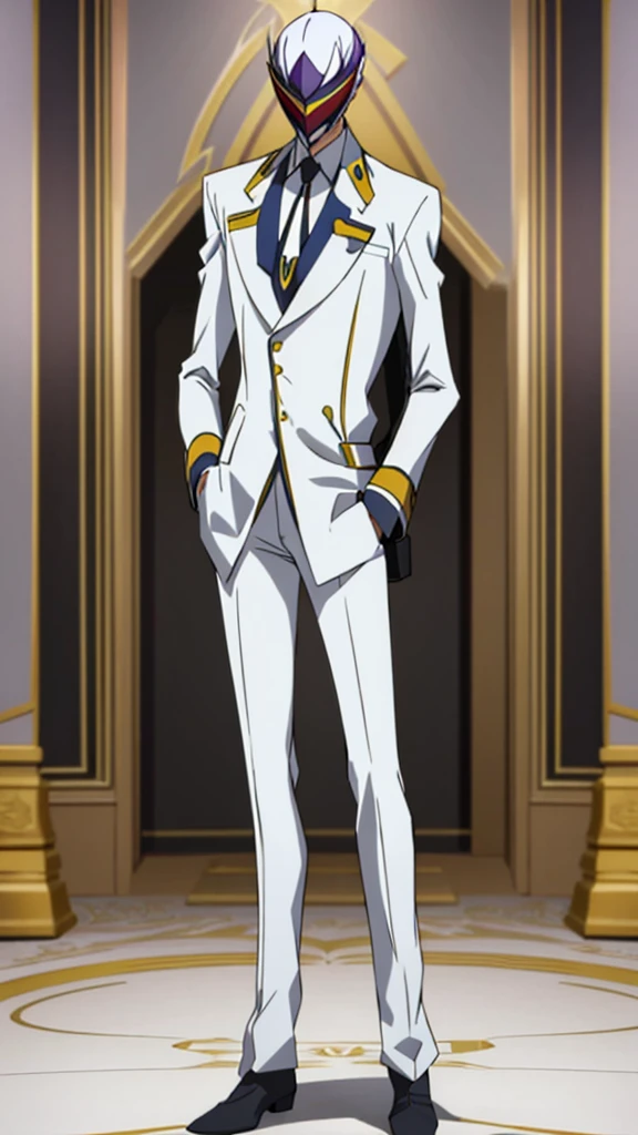 Male, ager, military officer, wearing white and grey clothes, a coat, and a mask, athletic build, hands in pockets, standing at attention, daytime royal hall setting, lone figure, facing viewer, fully in frame, full body shot, Code Geass style, codeGeass, CODEGEASS