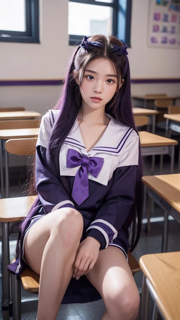 An eighteen-year-old young woman with long purple hair in a sailor suit sits in a classroom (school 1.5 in the background) (expression serious, cold 1.5) (best quality: 1.1) (masterpiece: 1.3) with an unparalleled masterpiece, surreal 8K, perfect artwork, super detail, best quality, masterpiece 4K wallpaper aesthetics, masterpiece, award-winning artwork, official art, cinematic lighting