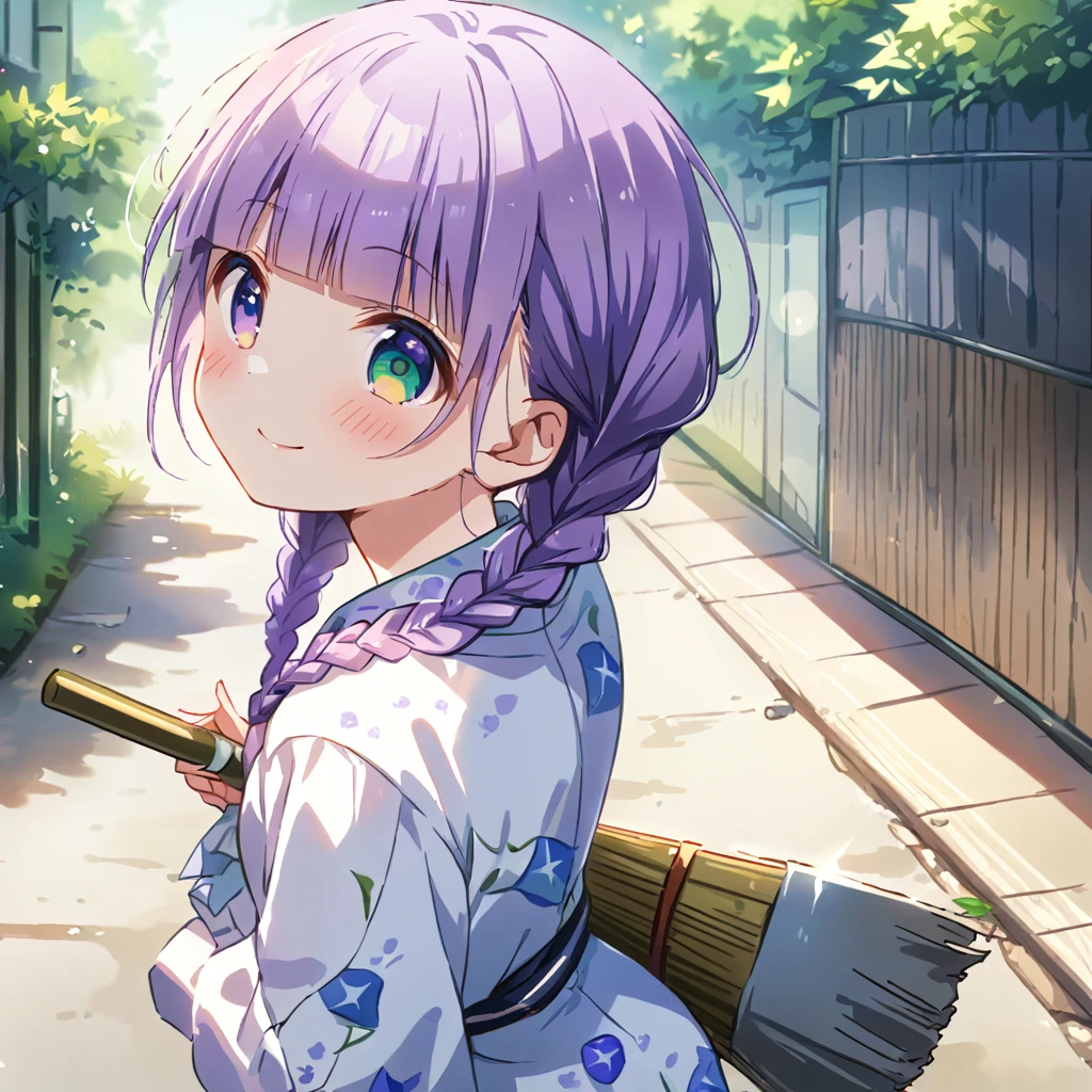 masterpiece, ultra detailed, 8K, full body shot,, a girl, kawaii, light atmosphere, (Cute a girl:1.5), (one girl with pale purple hair, wavy two braids, blunt bangs hair, green and black eyes :1.4), anime visual, (tilt head:1.3), extremely delicate face, realistic lighting and shading, (an extremely delicate and beautiful art:1.3),Watercolor painting, blush,
back view, green eyes, Wearing a white yukata Morning glory pattern, An alleyway with a tram running, a girl cleaning with a bamboo broom, smiling and greeting viewer,look at viewer,