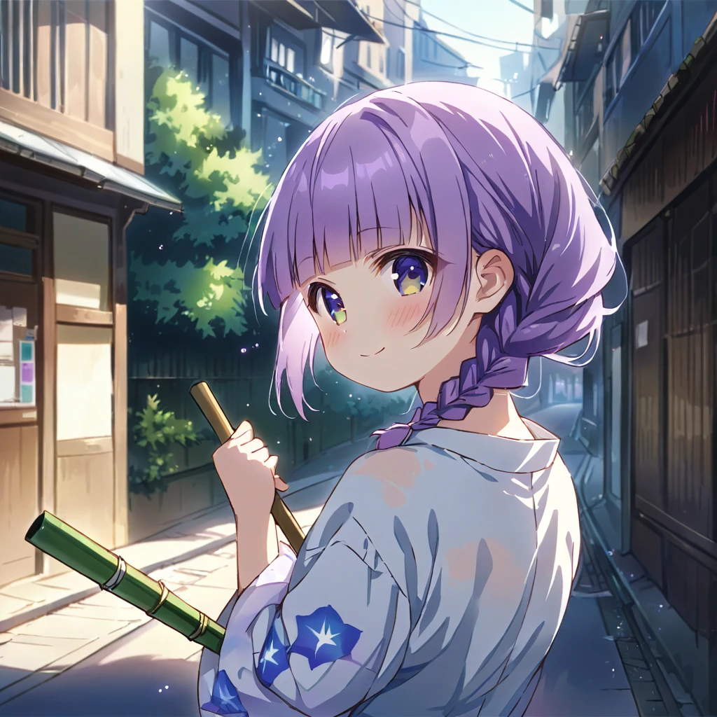 masterpiece, ultra detailed, 8K, full body shot,, a girl, kawaii, light atmosphere, (Cute a girl:1.5), (one girl with pale purple hair, wavy two braids, blunt bangs hair, green and black eyes :1.4), anime visual, (tilt head:1.3), extremely delicate face, realistic lighting and shading, (an extremely delicate and beautiful art:1.3),Watercolor painting, blush,
back view, green eyes, Wearing a white yukata Morning glory pattern, An alleyway with a tram running, a girl cleaning with a bamboo broom, smiling and greeting viewer,look at viewer,