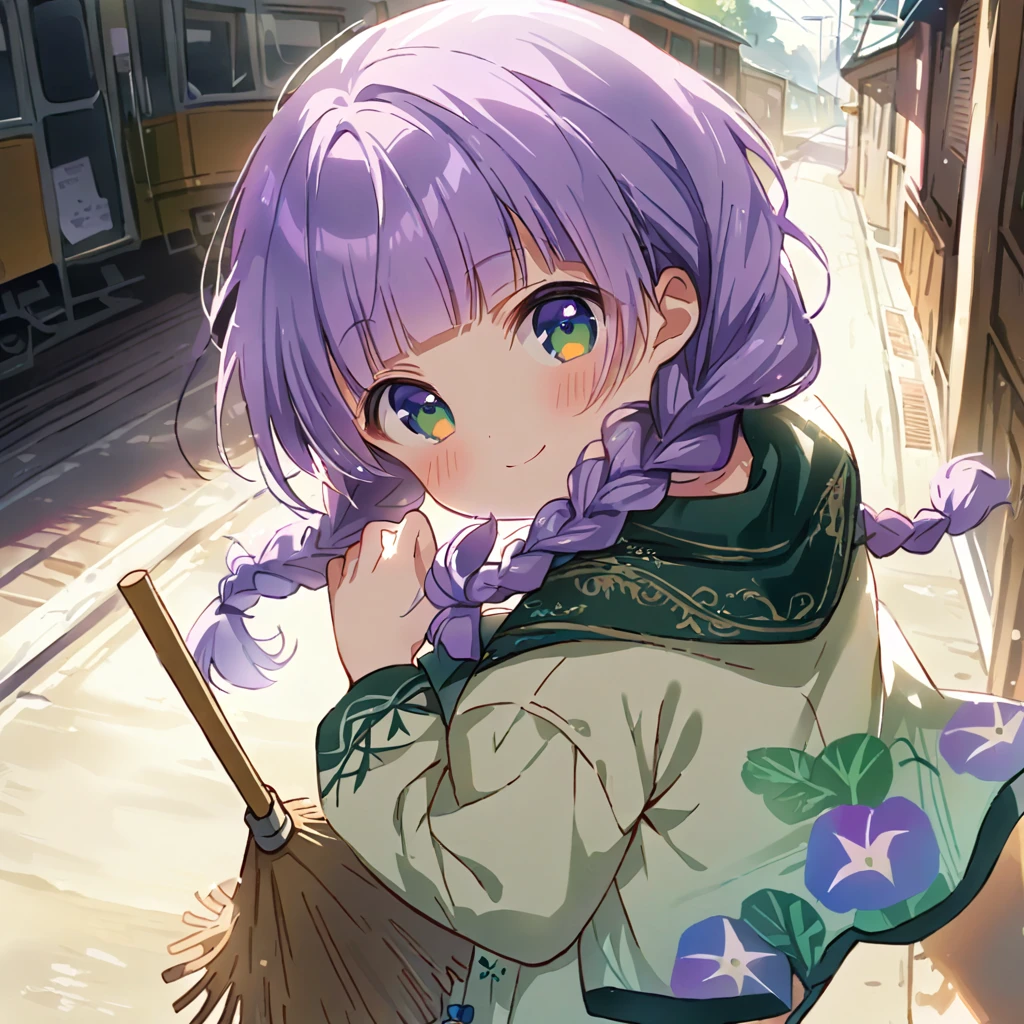 masterpiece, ultra detailed, 8K, full body shot,, a girl, kawaii, light atmosphere, (Cute a girl:1.5), (one girl with pale purple hair, wavy two braids, blunt bangs hair, green and black eyes :1.4), anime visual, (tilt head:1.3), extremely delicate face, realistic lighting and shading, (an extremely delicate and beautiful art:1.3),Watercolor painting, blush,
 back view, green eyes, Wearing a white yukata Morning glory pattern, An alleyway with a tram running, a girl cleaning with a bamboo broom, smiling and greeting viewer,look at viewer,