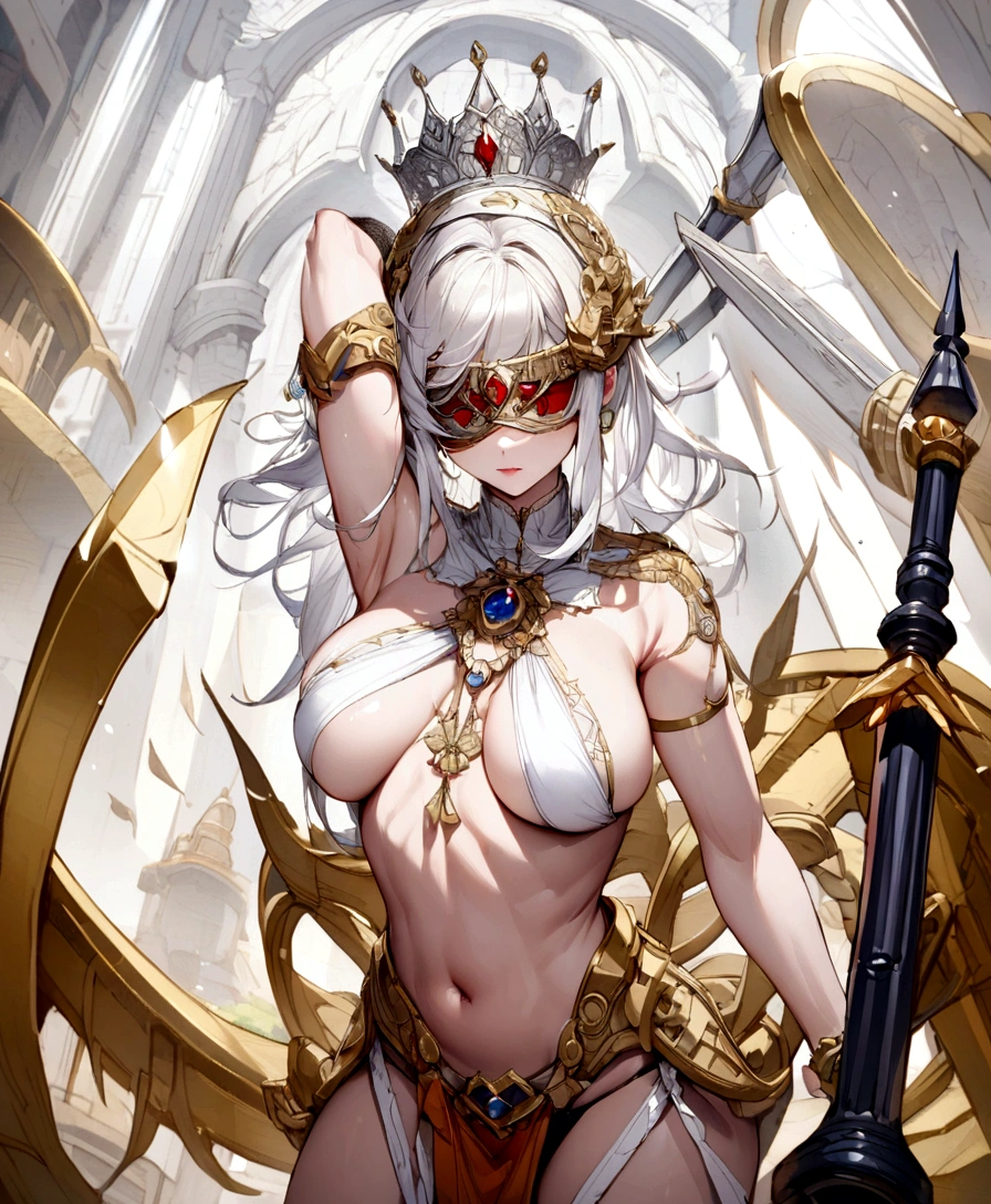 Black bikini, white crown, bare belly, big breasts, white hair, red eyes, justice, Blindfold