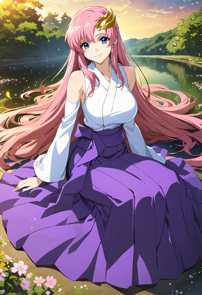 ((64k，Ultra-high resolution，Super best quality，masterpiece，Hyperrealistic，Young and adorable, beautiful, young, adorable，young woman，Full body photo，Full body angle，Whole Body Ezbian，))，GundamSEED，Lacus Clyne，Pink Hairの毛，Blue Eyes，Detailed eyes,Detailed skin,Detailed face,Shiny skin,Detailed Hair,White skin,Perfect lighting,Glossy Lips,京都animeーション, animeカラーリング  ,Klein Lake,GundamSEED , Pink Hair, Straight hair,blue eyes , (((hair ornaments, White sleeves,豪華なWhite Dress, 豪華なPurple Skirt, 贅沢なLong skirt))),Very long hair, Bare shoulders, Star background，2002s \(style\),anime, Lacus 1, One girl, alone, hair ornaments, White sleeves, blue eyes, White Dress, Purple Skirt, Long skirt, Very long hair, Bare shoulders, Large Breasts, smile, Gundam, On the floor,Water Lake，Swimsuit，Yukata，smile，Many beautiful flowers are blooming，In a dress