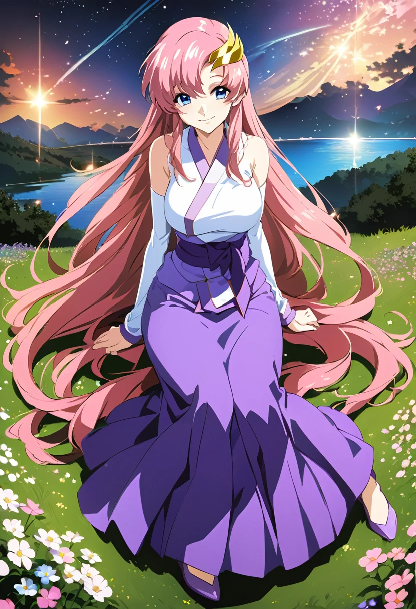 ((64k,Ultra-high resolution,Super best quality,masterpiece,Hyperrealistic,Young and adorable, beautiful, young, adorable,young woman,Full body photo,Full body angle,Whole Body Ezbian,)),GundamSEED,Lacus Clyne,Pink Hairの毛,Blue Eyes,Detailed eyes,Detailed skin,Detailed face,Shiny skin,Detailed Hair,White skin,Perfect lighting,Glossy Lips,京都animeーション, animeカラーリング ,Klein Lake,GundamSEED , Pink Hair, Straight hair,blue eyes , (((hair ornaments, White sleeves,豪華なWhite Dress, 豪華なPurple Skirt, 贅沢なLong skirt))),Very long hair, Bare shoulders, Star background,2002s \(style\),anime, Lacus 1, One girl, alone, hair ornaments, White sleeves, blue eyes, White Dress, Purple Skirt, Long skirt, Very long hair, Bare shoulders, Large Breasts, smile, Gundam, On the floor,Water Lake,Swimsuit,Yukata,smile,Many beautiful flowers are blooming,In a dress