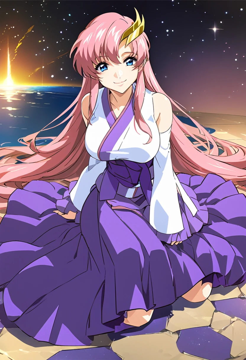 ((64k，Ultra-high resolution，Super best quality，masterpiece，Hyperrealistic，Young and adorable, beautiful, young, adorable，young woman，Full body photo，Full body angle，Whole Body Ezbian，))，GundamSEED，Lacus Clyne，Pink Hairの毛，Blue Eyes，Detailed eyes,Detailed skin,Detailed face,Shiny skin,Detailed Hair,White skin,Perfect lighting,Glossy Lips,京都animeーション, animeカラーリング  ,Klein Lake,GundamSEED , Pink Hair, Straight hair,blue eyes , (((hair ornaments, White sleeves,豪華なWhite Dress, 豪華なPurple Skirt, 贅沢なLong skirt))),Very long hair, Bare shoulders, Star background，2002s \(style\),anime, Lacus 1, One girl, alone, hair ornaments, White sleeves, blue eyes, White Dress, Purple Skirt, Long skirt, Very long hair, Bare shoulders, Large Breasts, smile, Gundam, On the floor,Water Lake，Swimsuit，Yukata，smile，Many beautiful flowers are blooming，In a dress