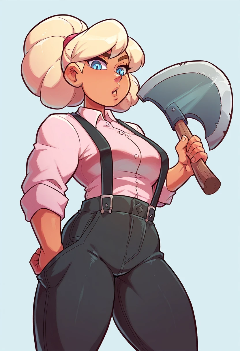 woman strong, musclegirl, Caucasian skin, blondie hair, blue colored eyes, Russian traits, holding an axe, pink blouse, black pants with suspenders
