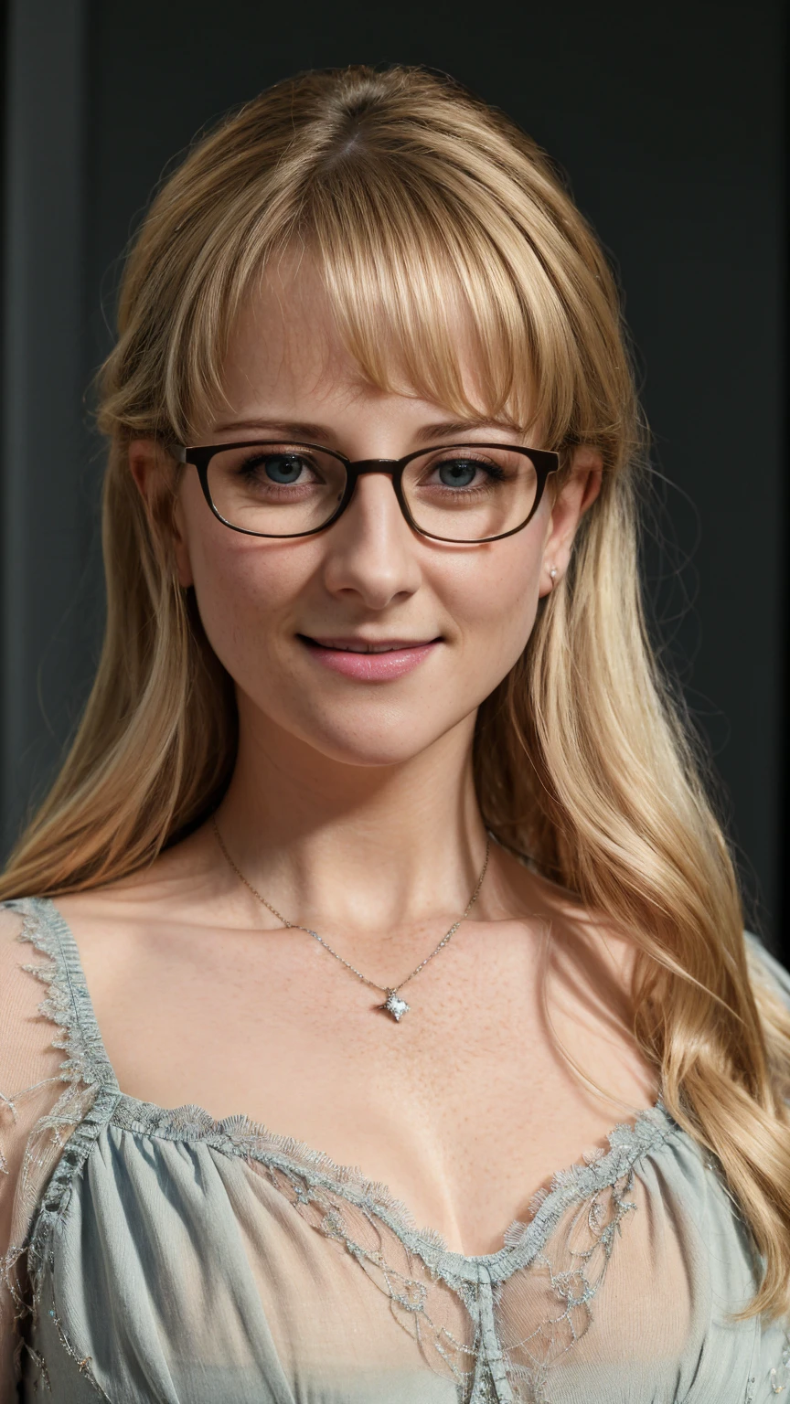 real, atmospheric scene, masterpiece, best quality, (detailed face, detail skin texture, ultra-detailed body),(cinematic light),
1girl, b3r2e6d3t7e-smf, solo, blonde hair, jewelry, necklace, glasses, smile, long hair, blue eyes, upper body, shirt, realistic, black-framed eyewear, lips