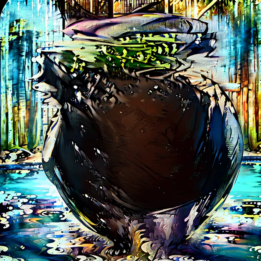 ((best quality)), ((masterpiece)), (detailed), male furry with a big vore belly burping, pool, cum puddle, crotch bulge, stomach bulges, sticky cum, cum everywhere, burp cloud, blushing, cumming, spit bubbles, drooling, cum strings, shorts filled with cum, cum bulge in shorts