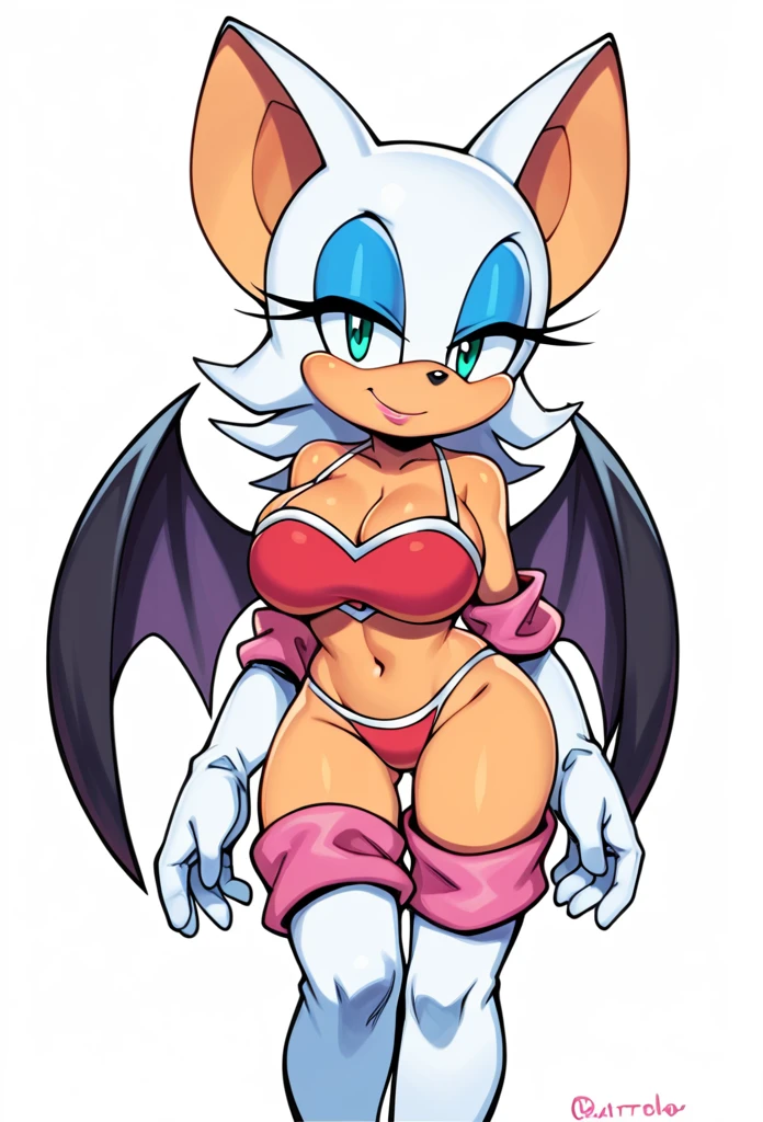 score_9, score_8_up, score_7_up, score_6_up, score_5_up, score_4_up, BREAK, 1girl, solo, breasts, looking at viewer, smile, simple background, white background, animal ears, cleavage, bare shoulders, big breasts, closed mouth, standing, tail, upper body, heart, boots, wings, elbow gloves, aqua eyes, eyelashes, bikini, makeup, thigh boots, half-closed eyes, happy, white footwear, bat wings, outstretched arm, lipstick, furry, eyeshadow, black wings, furry female, sexy red bikini, body fur, animal nose, blue eyeshadow, bat ears, Rouge the bat