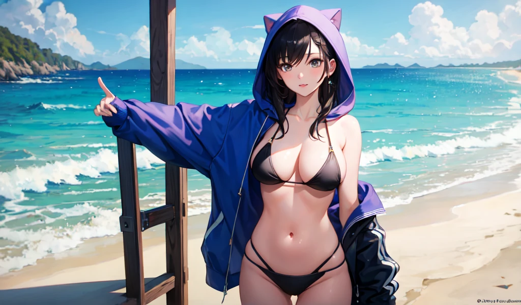 ((Highest quality)), ((masterpiece)), (detailed), sexy,A woman walking on the beach,She is wearing a hoodie over her bikini