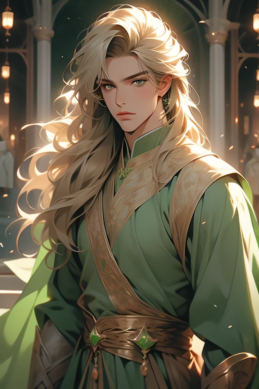 handsome masculine man, green eyes, ash blond hair, shoulder length long hair, green medieval noble clothes, light skin
