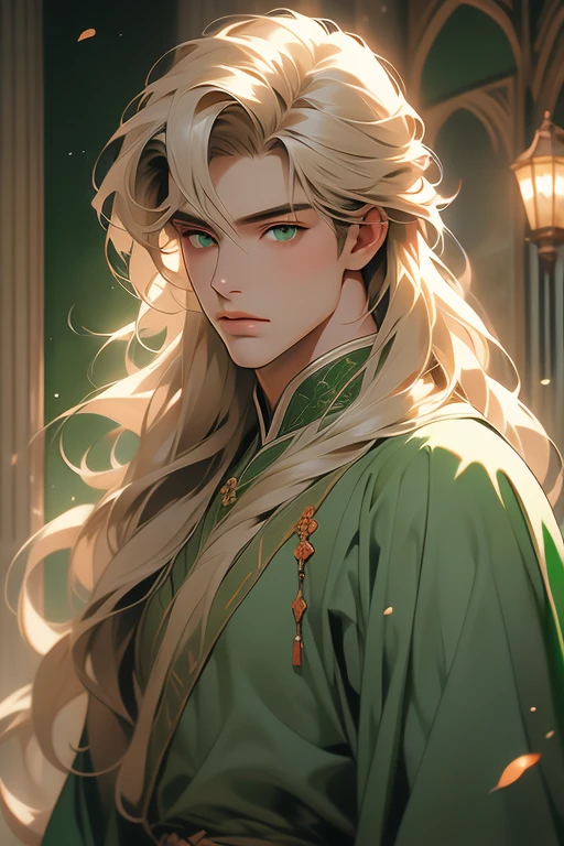 handsome masculine man, green eyes, ash blond hair, shoulder length long hair, green medieval noble clothes, light skin