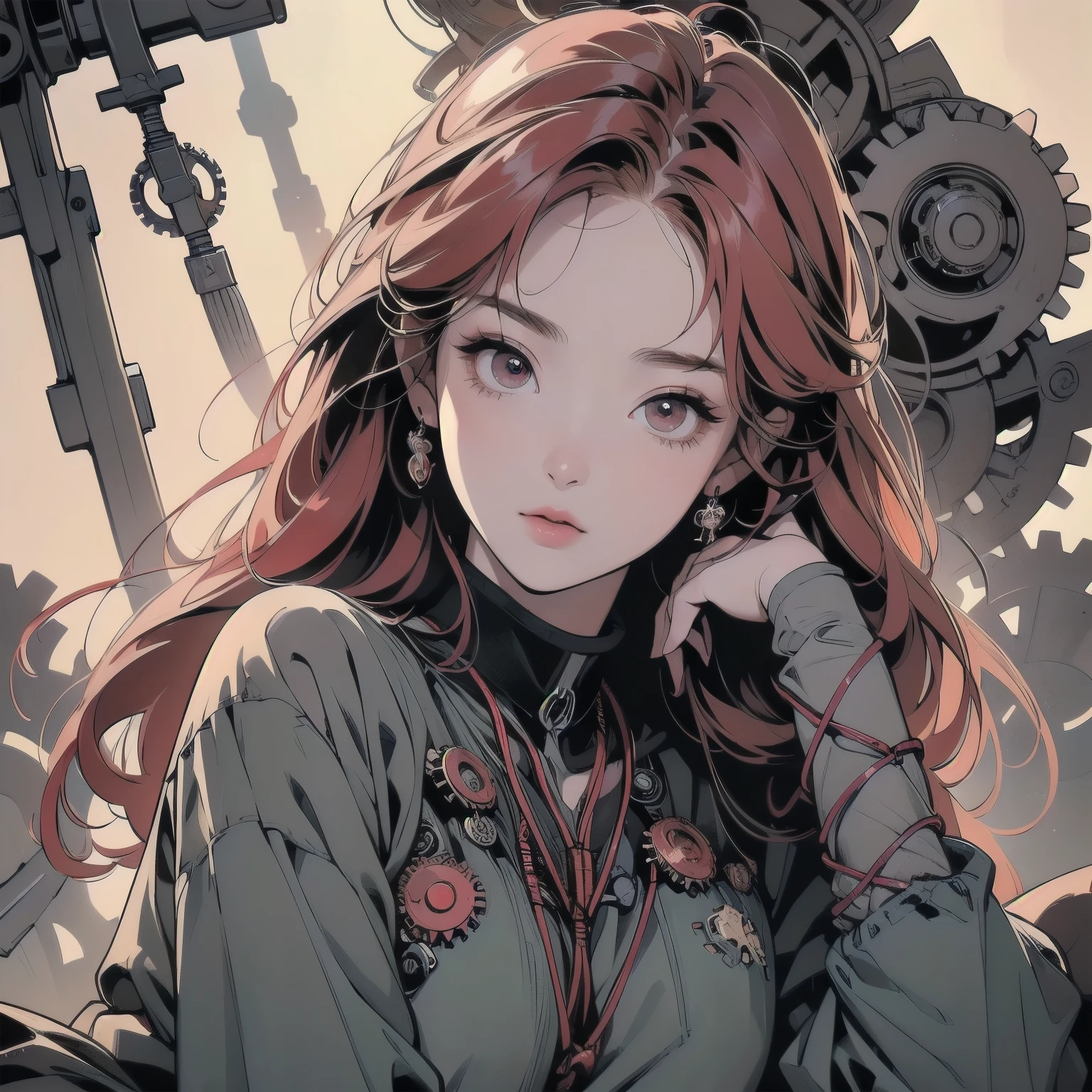 perfect face, sperkling eyes, (((mysterious)))、(((pale light))), light on the face,Top quality, detailed background, detailed hair, beautiful woman、Perfect body, perfect legs, perfect face、(((Lots of gears))), (((Head shot)))、(((dull color)))、Ultra detailed face、Various poses, various angles、(((Complicated Lots of machine)))、spread one's arms、(((Taut cables)))、Pale red hair、Complicated red eyes、Gear in the head