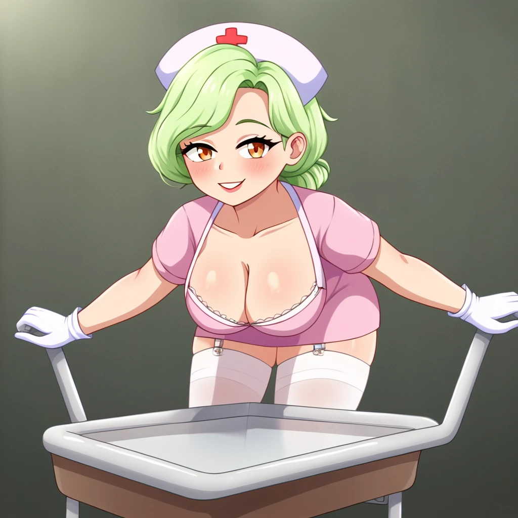 In a dimly lit hospital room, a sultry young female nurse stands out against the somber backdrop. Dressed in lacy lingerie, thigh-high stockings, and a nurse's cap, she exudes seductive mystery. Soft, warm glow illuminates her low-cut pink top showcasing ample cleavage, while white gloves add sophistication. Her gaze invites the viewer to step into her world. Ornate medical equipment and eerie shadows hint at gothic horror elements in the background. The nurse's cap and white gloves nod to darker undertones, balancing provocative themes with elegance.