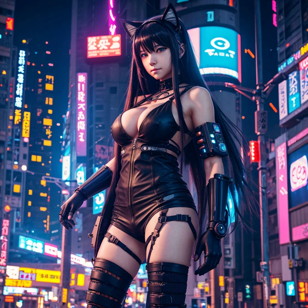 Anime girl with long hair and cat ears in a city., digital cyberpunk anime art, cyberpunk anime girl mech, female cyberpunk anime girl, cyberpunk anime girl, anime ciberpunk, linda chica cyborg, digital cyberpunk - anime art, cyberpunk anime art, cyberpunk oppai, 4K anime style, Perfectly