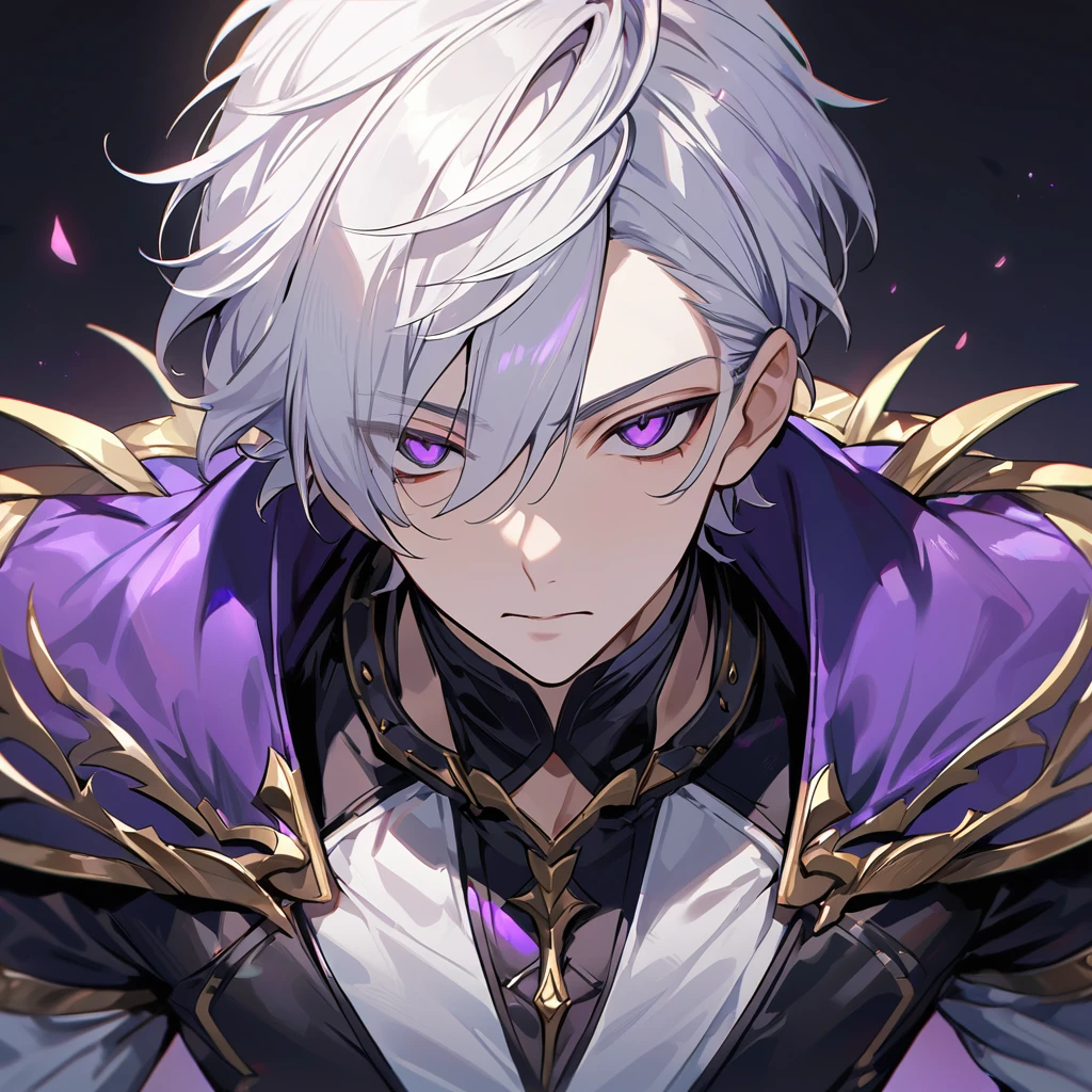 High quality, HD, 4k, no shadows, handsome male, 1male, , teenager, go lining, short white hair, sharp eyes, dark purple eyes, deep purple eyes, devil may cry, close up, calm expression, stoic expression, black leather clothes, white leather clothing, lean body, well trained body, upper body, looking at viewer, cowboy shot
