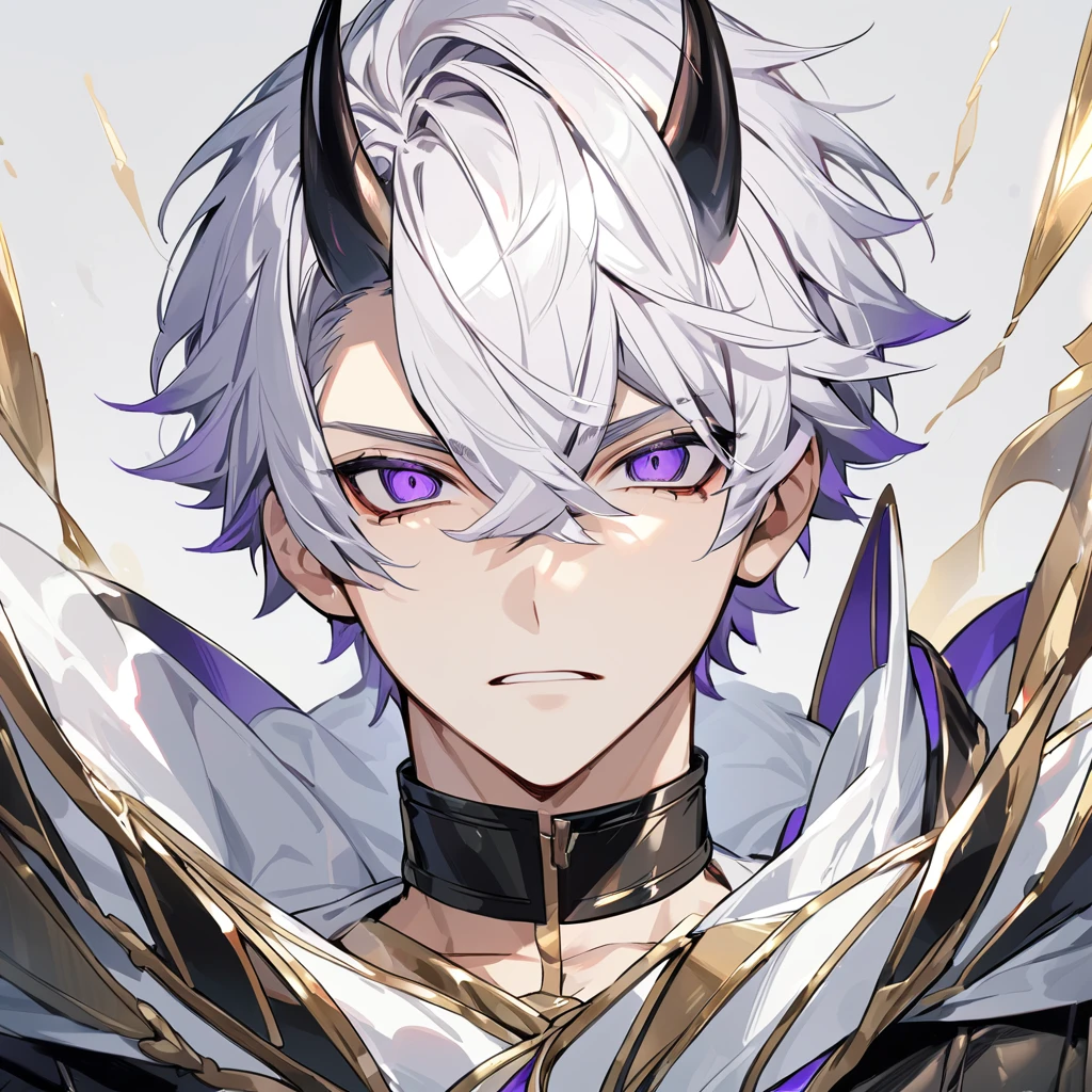 High quality, HD, 4k, no shadows, handsome male, 1male, 17 years old, teenager, golden lining, short white hair, sharp eyes, dark purple eyes, deep purple eyes, devil may cry, close up, calm expression, stoic expression, black leather clothes, white leather clothing, lean body, well trained body, upper body, looking at viewer, cowboy shot