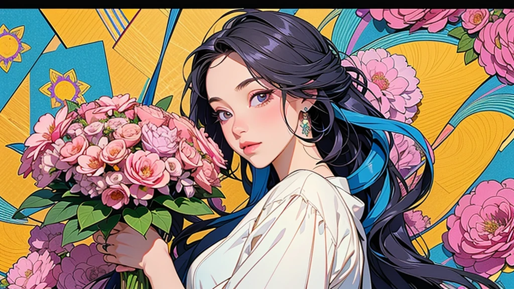 (ultra-Detailed Background, Detailed Background), Absurd, High resolution, Super detailed, Very detailed, One girl, (bouquet:1.3), (Tangled:1.2), (Geometric:1.2),(colorful),