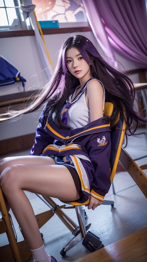 An eighteen-year-old young woman with long purple hair in a sailor suit sits in a classroom (school 1.5 in the background) (expression serious, cold 1.5) (best quality: 1.1) (masterpiece: 1.3) with an unparalleled masterpiece, surreal 8K, perfect artwork, super detail, best quality, masterpiece 4K wallpaper aesthetics, masterpiece, award-winning artwork, official art, cinematic lighting