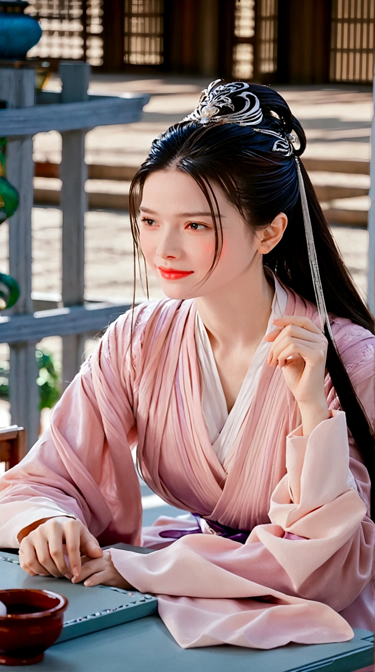 ((best quality)), ((Masterpiece)), (details), 1 girl, open shoulder sweater, Ancient Chinese Women,ancient chinese dress ,pink ,Antique Chinese Jewelry ,sitting and embroidering