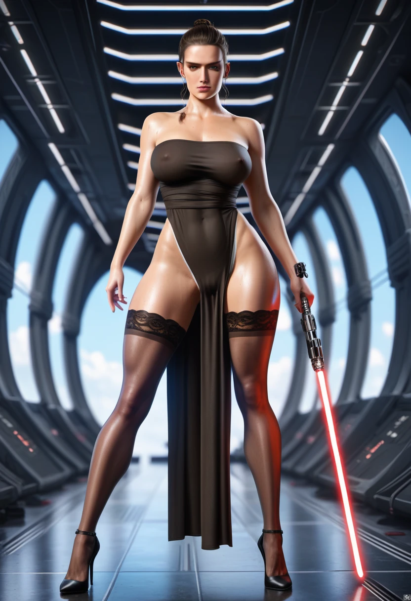 score_9, score_8_up, score_7_up, score_6_up, realistic, (star wars Rey Skywalker), standing, ((huge natural breasts)), brown eyes, rey bun hairstyle, (black tube top), (covered nipples), (black pelvic curtain), (white wet panties), perfect pussy cameltoe, (black stockings), playing with lightsaber, horny expression, (front view)1.1, (inside spaceship, Millennium Falcon background) (detailed stockings fabric) (wearing 20cm sexy high heels stilettos shoes) (detailed face)