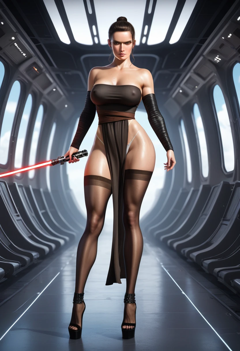 score_9, score_8_up, score_7_up, score_6_up, realistic, (star wars Rey Skywalker), standing, ((huge natural breasts)), brown eyes, rey bun hairstyle, (black tube top), (covered nipples), (black pelvic curtain), (white wet panties), perfect pussy cameltoe, (black stockings), playing with lightsaber, horny expression, (front view)1.1, (inside spaceship, Millennium Falcon background) (detailed stockings fabric) (wearing 20cm sexy high heels stilettos shoes) (detailed face)