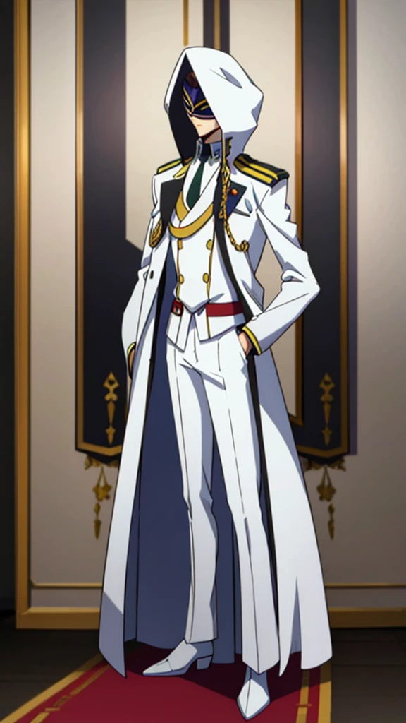 Male, teenager, military officer, wearing white clothes, a military coat, and a mask, athletic build, hands in pockets, standing at attention, daytime royal hall setting, lone figure, facing viewer, fully in frame, full body shot, Code Geass style, codeGeass, CODEGEASS