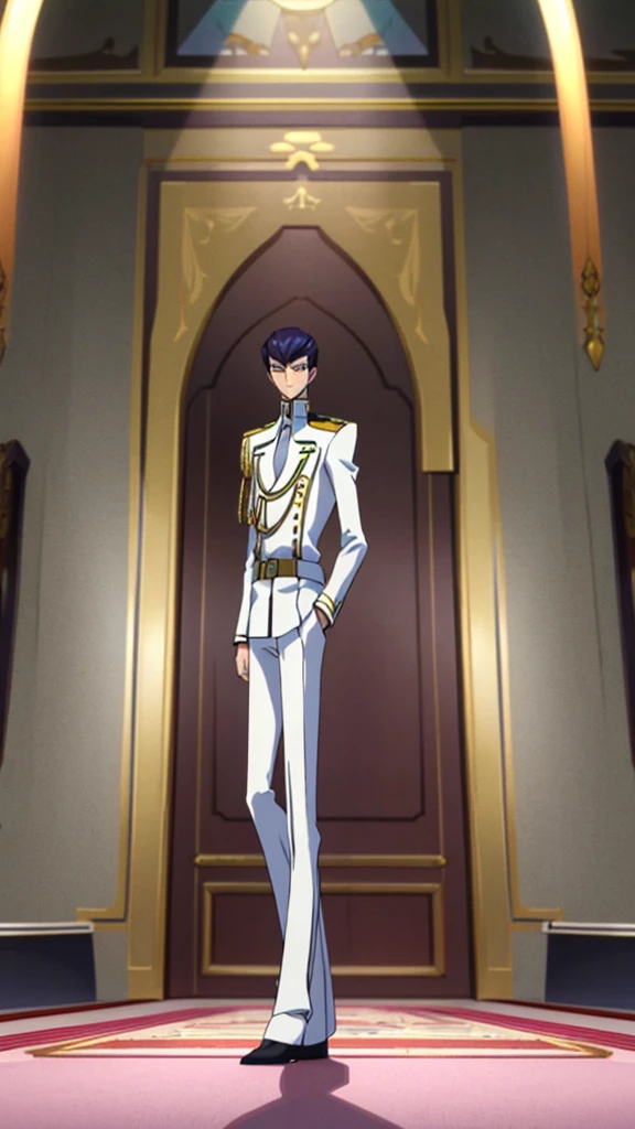 Male, teenager, military officer, wearing white clothes, a military coat, and a mask, athletic build, hands in pockets, standing at attention, daytime royal hall setting, lone figure, facing viewer, fully in frame, full body shot, Code Geass style, codeGeass, CODEGEASS