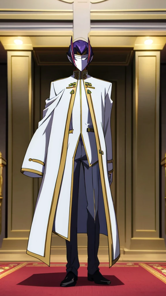 Male, ager, military officer, wearing white clothes, a military coat, and a mask, athletic build, hands in pockets, standing at attention, daytime royal hall setting, lone figure, facing viewer, fully in frame, full body shot, Code Geass style, codeGeass, CODEGEASS