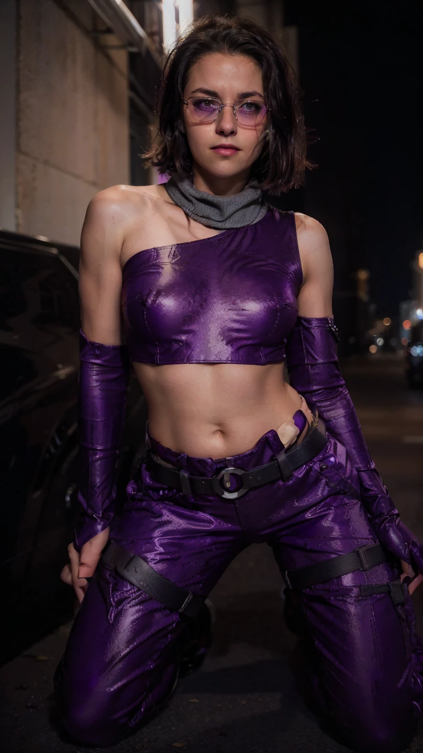 (masterpiece), (photorealistic1.4), (1 girl), (solo), (best quality), (epiCRealLife), (Kate BIshop white scarf) (Kate Bishop long hair), (sleeveless top), (kateb2023 black utility belt), (kateb2023 purple costume), (purple pants) (kateb2023 purple sleevless bodysuit), (kst3w),(white scarf), (kateb2023 purple sunglasses) (bare shoulder), (night time), (kateb2023 wearing black boot), (elbow gloves), (abs), (flash photography), (flashphoto), (outdoor), (street of new york), (at night), (wearing black boots), (look at viewers),(light smile), (squatting), (smile a little),