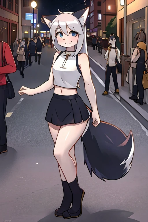 girl, the debt, furry, queue not so long, fluffy tail, happy, on the street, during the day, natural lights, Tight neckline, mini skirt