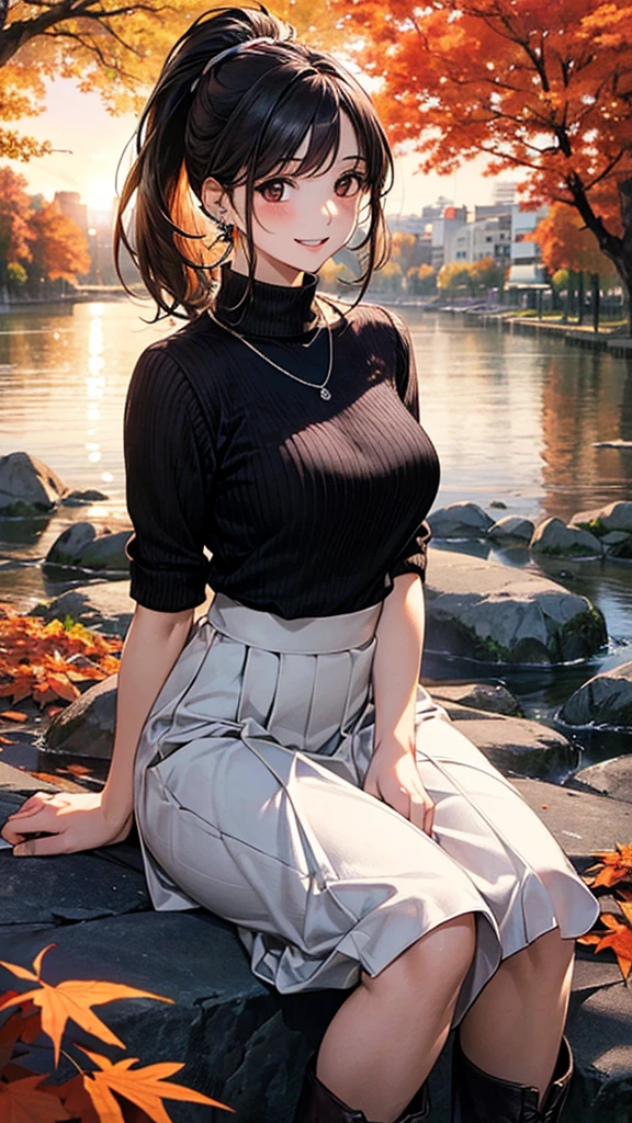 (masterpiece:1.2, Highest quality), (Realistic, photoRealistic:1.4), Beautiful illustrations, (Natural Side Lighting, Cinema Lighting), Browsing Caution,
View your viewers, 1 Girl, Japanese, Beauty、30 years old, Perfect Face, Cute and symmetrical face, Shiny skin, (Perfect Anatomy, Anatomically correct, Highly detailed skin)、
(Medium Hair, Black Hair、ponytail), Swept-apart bangs, Dark brown eyes, Droopy eyes, Long eyelashes, (Large Breasts:0.8), Slim body,
Beautiful Hair, Beautiful Face, Beautiful attention to detail, Beautiful clavicle, Beautiful body, Beautiful breasts, Beautiful thighs, Beautiful feet, Beautiful fingers,
(High neck sweater, Long skirt), short boots、Bag、Earrings:0.2、necklace:0.5、
(Beautiful views,autumn), sunset,autumn leaves、 (Riverside)、 Are standing, (smile, Open your mouth a little),