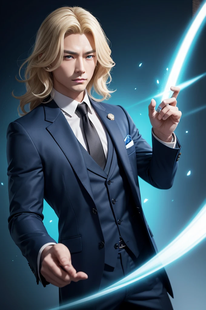 create image, male character, with wavy and blonde hair, greeneyes, Cao Cao, with unique traits. The character is wearing a suit, and in his hand, there is a blue aura.