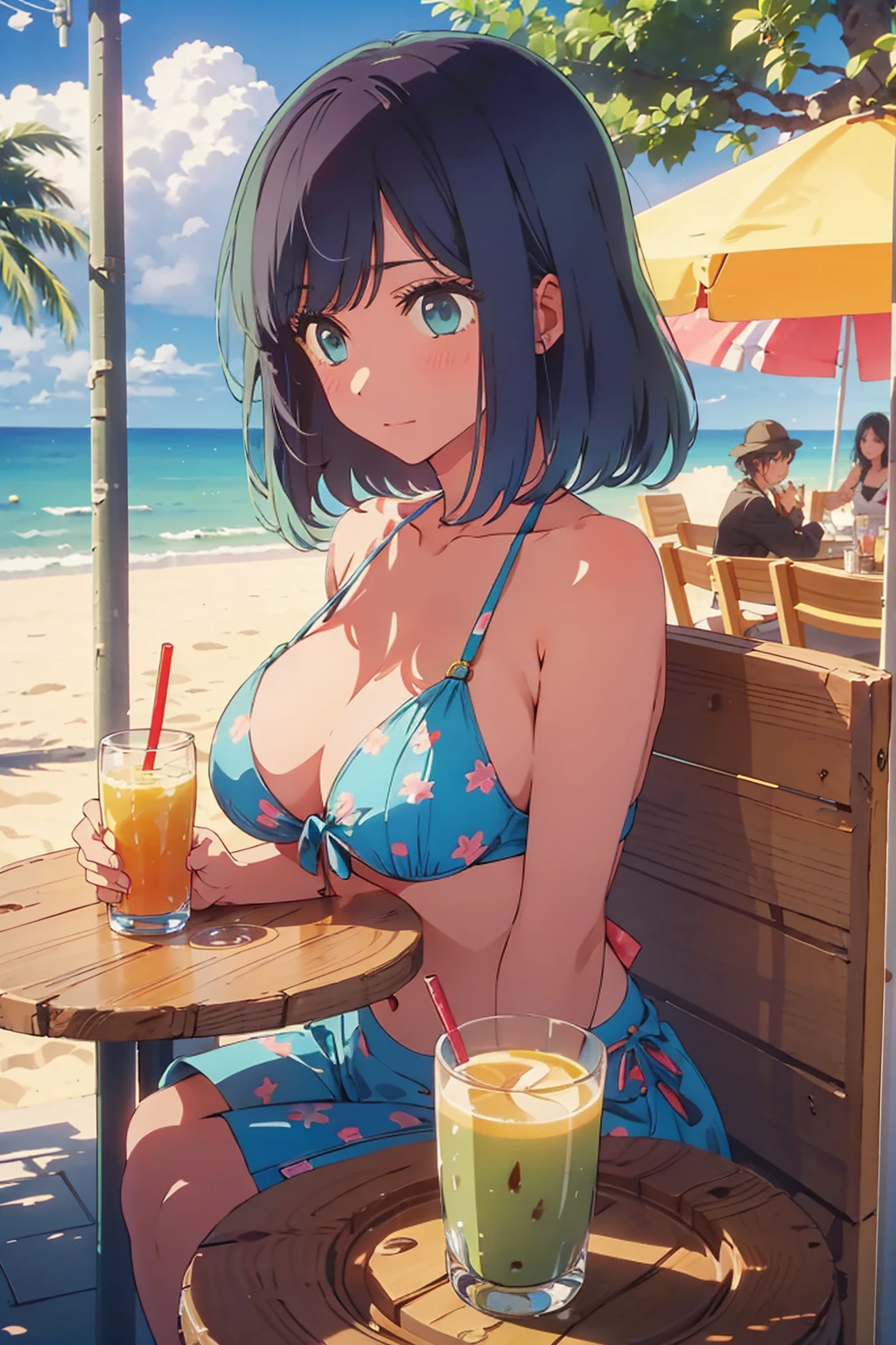 (Highest quality:1.4、masterpiece:1.4、Super detailed:1.4、8K:1.4)、((((1 person、Surprised expression、sit、Outdoor café terrace、coastal、juice、table、Sandy Beach、juiceのグラスを持つ、Big eyes、Shallow depth of field、Very cute face))))、((((bikini))))、F cup bust、Big Breasts
