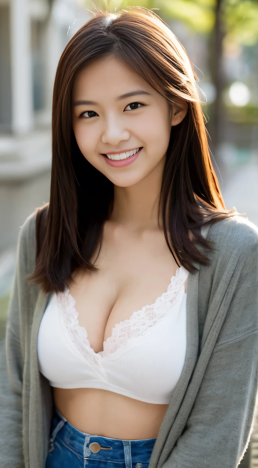 masterpiece,best quality,(Japanese ),((Beautiful girl)),cleavage,(perfect body beauty:1.2),(shy smile),beautiful teeth,(harajyuku),