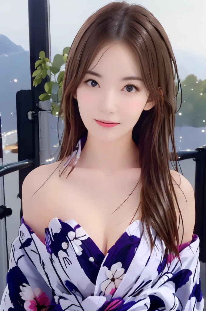 (1ung girl), Extremely cute face, Amazing face and eyes, (Highly detailed eyes, Highly detailed face), fresh, Very clean appearance, (Hyper-realistic, hight resolution), (Best Quality:1.4), Raw photo, (Realistic, Photorealsitic:1.37), Professional Photography, (floral pattern yukata:1.5), (Open yukata), (cleavage:1.2), (Bare shoulders), Smile slightly, (Staring at me), Bedroom, girl portrait,